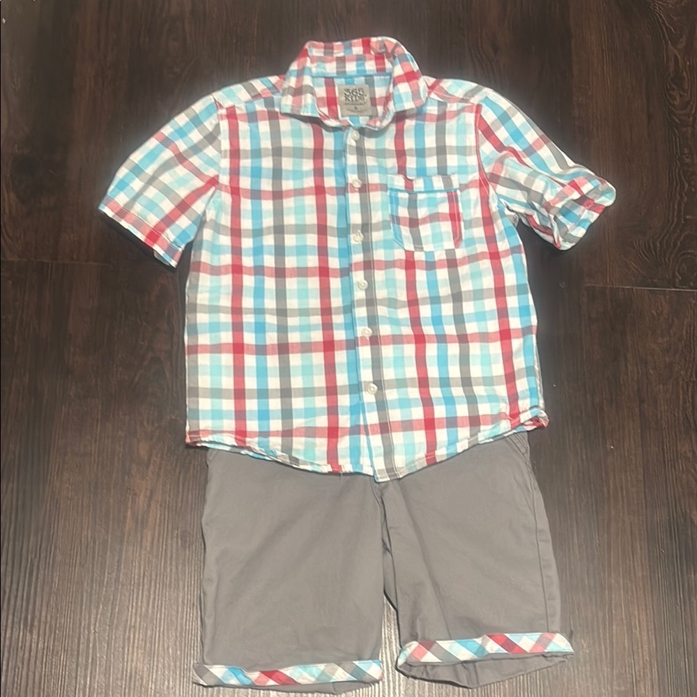 365 Kids Red and Blue Plaid Button Down Shirt and Shorts Matching Set